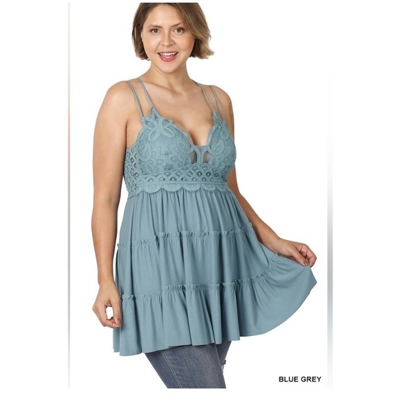 Zenana Tank 1X Lace Detail Vneck Blue Babydoll Style Flowy Feminine - Picture 2 of 14